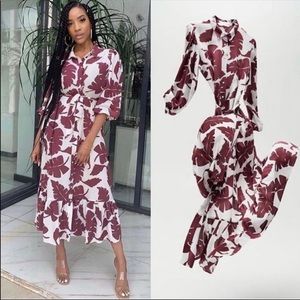 ZARA Maxi long sleeve shirt dress tie waist maroon wine large l leaf print red